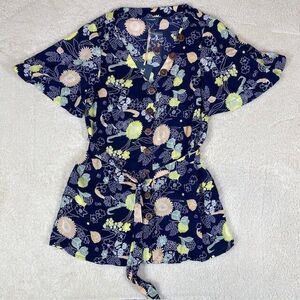 ModCloth Navy Floral Print Button Front Tie Waist Flutter Sleeve Top Women's
